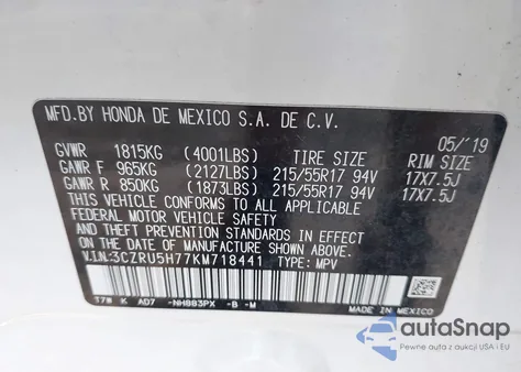 2019 Honda Hr-V Ex-L из США, поврежденный, VIN 3CZRU5H77KM718441